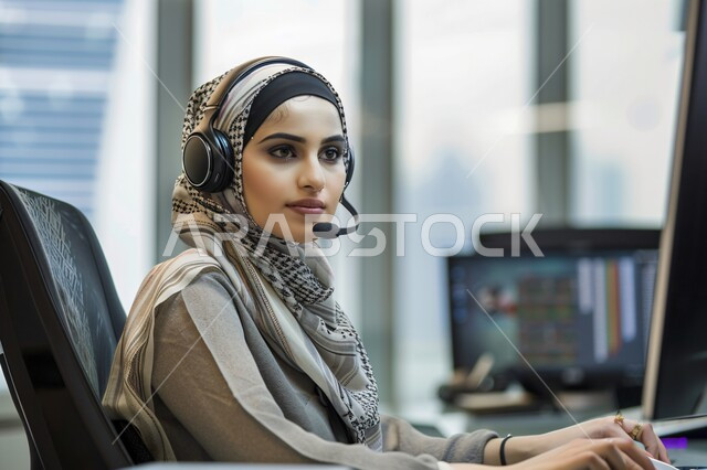 استخدام التقنيات الحديثة، صورة مقربة لموظفة عربية خليجية سعودية محجبة تعمل في خدمة العملاء ترتدي سماعة الاتصال تستخدم الحاسوب المحمول، مفهوم الاستعلامات والاستفسارات، الاجابه على اسئلة العملاء، متابعة وتطوير العمل