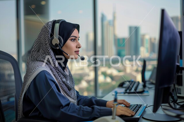 استخدام التقنيات الحديثة، صورة مقربة لموظفة عربية خليجية سعودية محجبة تعمل في خدمة العملاء ترتدي سماعة الاتصال تستخدم الحاسوب المحمول، مفهوم الاستعلامات والاستفسارات، الاجابه على اسئلة العملاء، متابعة وتطوير العمل