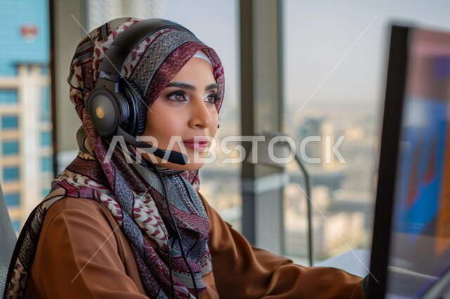 استخدام التقنيات الحديثة، صورة مقربة لموظفة عربية خليجية سعودية محجبة تعمل في خدمة العملاء ترتدي سماعة الاتصال تستخدم الحاسوب المحمول، مفهوم الاستعلامات والاستفسارات، الاجابه على اسئلة العملاء، متابعة وتطوير العمل