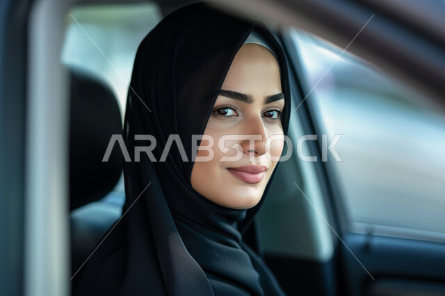 وسائل التنقل و المواصلات في السعودية، قضاء أوقات ممتعه، حرية القيادة للنساء السعوديات، الاستقلال والاعتماد على الذات, صورة مقربة لإمرأة عربية خليجية سعودية ترتدي الحجاب والعباءة تقوم بقيادة سيارتها