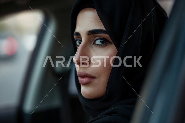 قضاء أوقات ممتعه، حرية القيادة للنساء السعوديات، الاستقلال والاعتماد على الذات, صورة مقربة لإمرأة عربية خليجية سعودية ترتدي الحجاب والعباءة تقوم بقيادة سيارتها، وسائل التنقل و المواصلات في السعودية