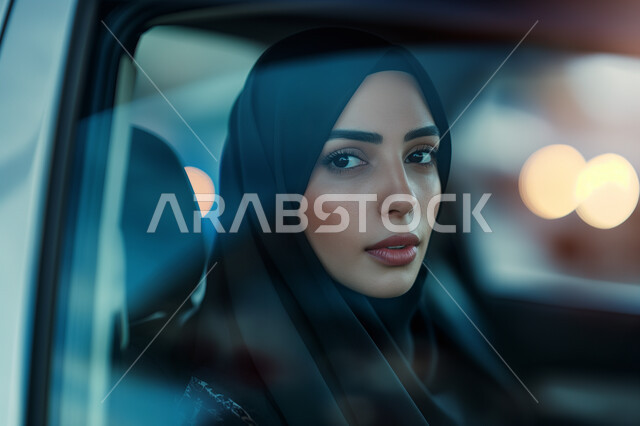 مفهوم الاستقلال والاعتماد على الذات, صورة مقربة لإمرأة عربية خليجية سعودية ترتدي الحجاب والعباءة تقوم بقيادة سيارتها، حرية القيادة للنساء السعوديات، قضاء أوقات ممتعه، وسائل التنقل و المواصلات في السعودية