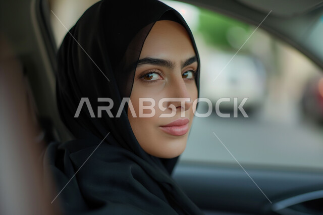 مفهوم الاستقلال والاعتماد على الذات, الاستمتاع بقضاء أوقات في الهواء الطلق، وسائل التنقل و المواصلات في السعودية، حرية القيادة للنساء السعوديات، صورة مقربة لإمرأة عربية خليجية سعودية ترتدي الحجاب والعباءة تقوم بقيادة سيارتها
