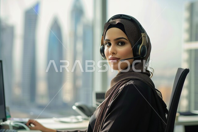 مفهوم الاستعلامات والاستفسارات، استخدام التقنيات الحديثة، صورة مقربة لموظفة عربية خليجية سعودية محجبة تعمل في خدمة العملاء وترتدي سماعة الاتصال تستخدم الحاسوب المحمول تنظر الى الكاميرا بإيماءات الثقة بالنفس، الاجابه على اسئلة العملاء، متابعة وتطوير العمل
