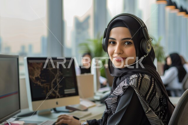 مفهوم الاستعلامات والاستفسارات، استخدام التقنيات الحديثة، صورة مقربة لموظفة عربية خليجية سعودية محجبة تعمل في خدمة العملاء وترتدي سماعة الاتصال تستخدم الحاسوب المحمول تنظر الى الكاميرا بإيماءات الثقة بالنفس، الاجابه على اسئلة العملاء، متابعة وتطوير العمل