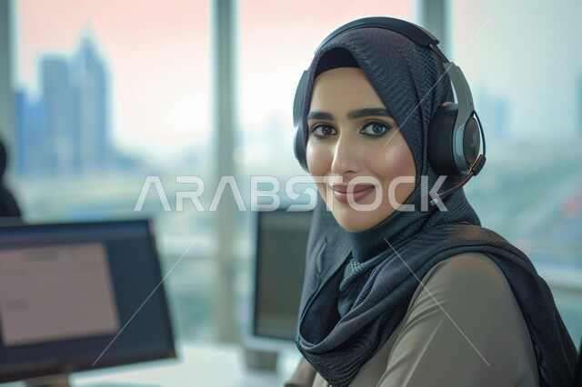 مفهوم الاستعلامات والاستفسارات، استخدام التقنيات الحديثة، صورة مقربة لموظفة عربية خليجية سعودية محجبة تعمل في خدمة العملاء وترتدي سماعة الاتصال تستخدم الحاسوب المحمول تنظر الى الكاميرا بإيماءات الثقة بالنفس، الاجابه على اسئلة العملاء، متابعة وتطوير العمل
