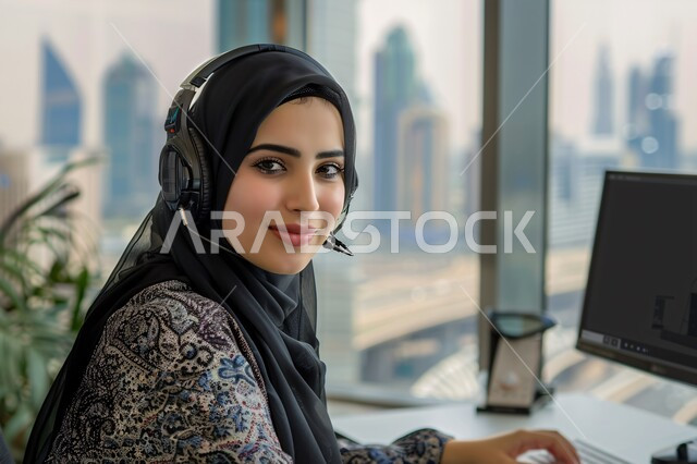 مفهوم الاستعلامات والاستفسارات، استخدام التقنيات الحديثة، صورة مقربة لموظفة عربية خليجية سعودية محجبة تعمل في خدمة العملاء وترتدي سماعة الاتصال تستخدم الحاسوب المحمول تنظر الى الكاميرا بإيماءات الثقة بالنفس، الاجابه على اسئلة العملاء، متابعة وتطوير العمل