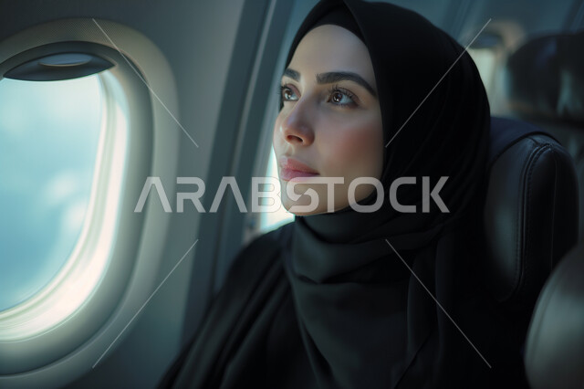 توفير الخدمات المتطورة لسهولة التنقل بين البلدان، شركات و خطوط الطيران السعودي، وسائل النقل والمواصلات الجوية، مفهوم السياحة والسفر، صورة مقربة لشابة عربية خليجية سعودية محجبة تجلس في مقعد بداخل الطائرة