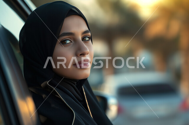 Looking at the camera with an expression of self-confidence, a woman relying on herself in transportation and mobility, the concept of independence and self-reliance, a close-up of a Saudi Arabian Gulf woman wearing a hijab and a black abaya, freedom to drive for an Arab woman