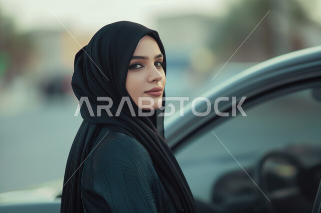 Female self-reliance in transportation, expressions of self-confidence, concept of independence and self-reliance, close-up image of a Saudi Arabian Gulf woman wearing a hijab and a black abaya standing in front of her car, freedom of driving for Arab women