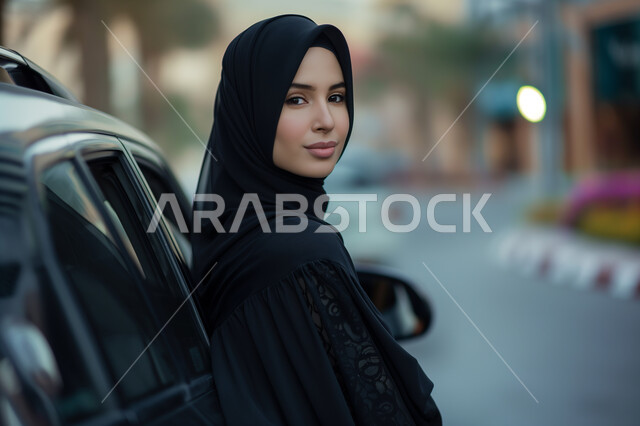 تعابير الثقة بالنفس، مفهوم الاستقلال والاعتماد على الذات، صورة مقربة لإمرأة عربية خليجية سعودية ترتدي الحجاب والعباءة السوداء تقف بأيدي متقاطعة امام سيارتها, حرية القيادة للسيدة العربية, اعتماد الأنثى على نفسها في التنقل والمواصلات