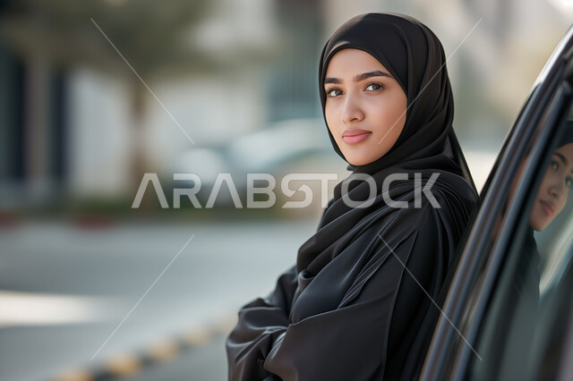 إيماءات الثقة بالنفس، مفهوم الاستقلال والاعتماد على الذات، صورة مقربة لإمرأة عربية خليجية سعودية ترتدي الحجاب والعباءة السوداء تقف بأيدي متقاطعة امام سيارتها, حرية القيادة للسيدة العربية, اعتماد الأنثى على نفسها في التنقل والمواصلات
