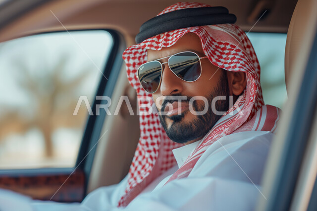 المواصلات ووسائل التنقل في السعودية، مفهوم الأناقة والجولة، الاهتمام بالمظهر الخارجي، ايماءات الجدية والثقة بالنفس، صورة مقربة لرجل عربي سعودي خليجي يرتدي الزي التقليدي والنظارة الشمسية يجلس بداخل سيارته