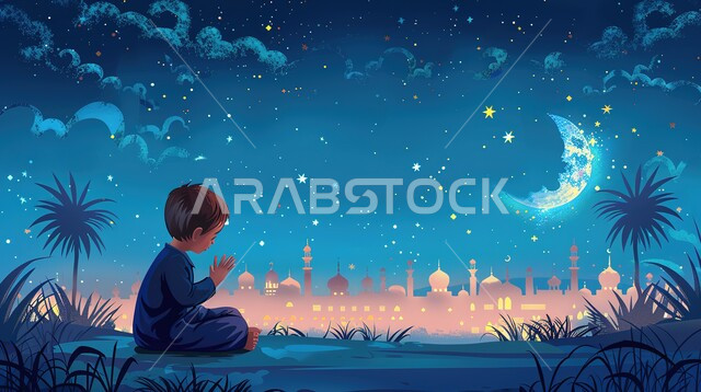 الاجتهاد في العبادة والتقرب الى الله في رمضان، صورة مقربة لولد عربي خليجي سعودي يجلس يرفع يديه يقوم بالدعاء، مفهوم الدعاء والتضرع والترجي، قبب ومآذن المساجد المضيئة ليلا مع الهلال في السماء