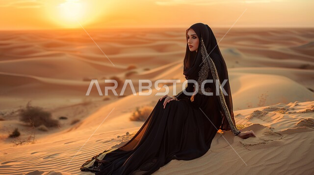 التشكيلات والتكوينات الرملية في الصحراء, أماكن المغامرات والرحلات السياحية الممتعة, صورة مقربة لإمرأة عربية خليجية سعودية ترتدي فستان أسود تجلس على الرمال الذهبية الناعمة تنظر إلى شيء ما, البيئة الصحراوية في المملكة العربية السعودية