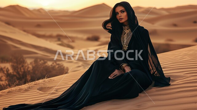 التشكيلات والتكوينات الرملية في الصحراء, أماكن المغامرات والرحلات السياحية الممتعة, صورة مقربة لإمرأة عربية خليجية سعودية ترتدي فستان أسود تجلس على الرمال الذهبية الناعمة تنظر إلى شيء ما, البيئة الصحراوية في المملكة العربية السعودية