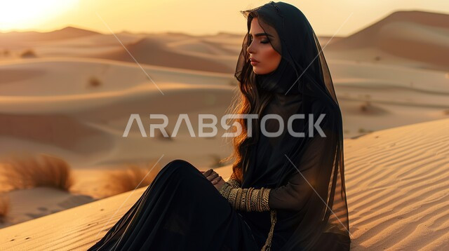التشكيلات والتكوينات الرملية في الصحراء, أماكن المغامرات والرحلات السياحية الممتعة, صورة مقربة لإمرأة عربية خليجية سعودية ترتدي فستان أسود تجلس على الرمال الذهبية الناعمة تنظر إلى شيء ما, البيئة الصحراوية في المملكة العربية السعودية