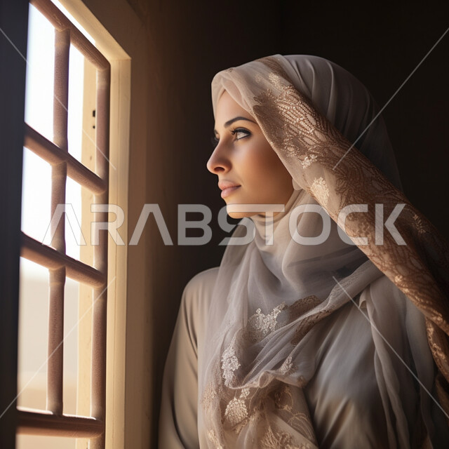 مفهوم الأنوثة والنعومة، الأناقة والاهتمام بالمظهر الخارجي، حجابات نسائية عصريه حديثه، صورة مقربة لإمرأة عربية خليجية سعوديةىترتدي الحجاب تنظر لمكان ما بإيماءات التركيز والاندماج
