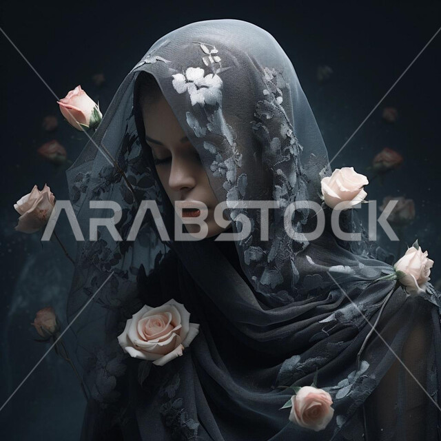 الأناقة والاهتمام بالمظهر الخارجي، حجابات نسائية عصريه حديثه، مفهوم الأنوثة والنعومة، صورة مقربة لإمرأة عربية خليجية سعوديةىترتدي الحجاب تنظر لمكان ما بإيماءات التركيز والاندماج