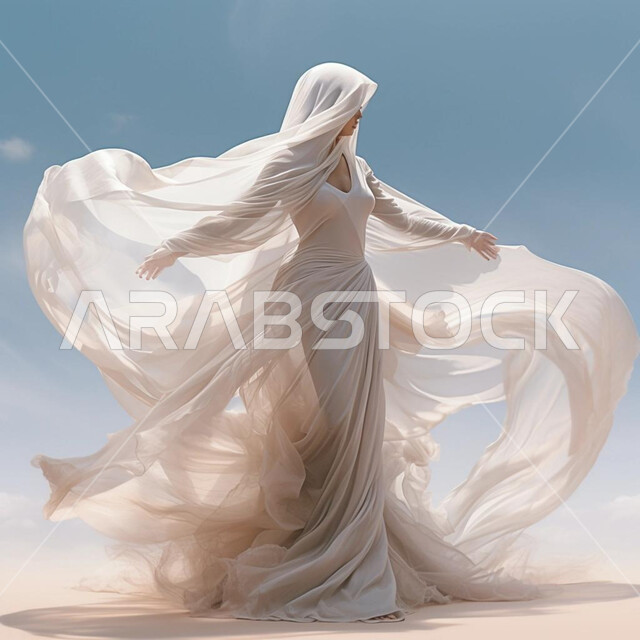 Elegance and interest in appearance, the concept of femininity and softness, modern fashion and hijabs, a veiled Saudi Arabian Gulf woman standing with her arms open in the middle of the desert, a full body picture