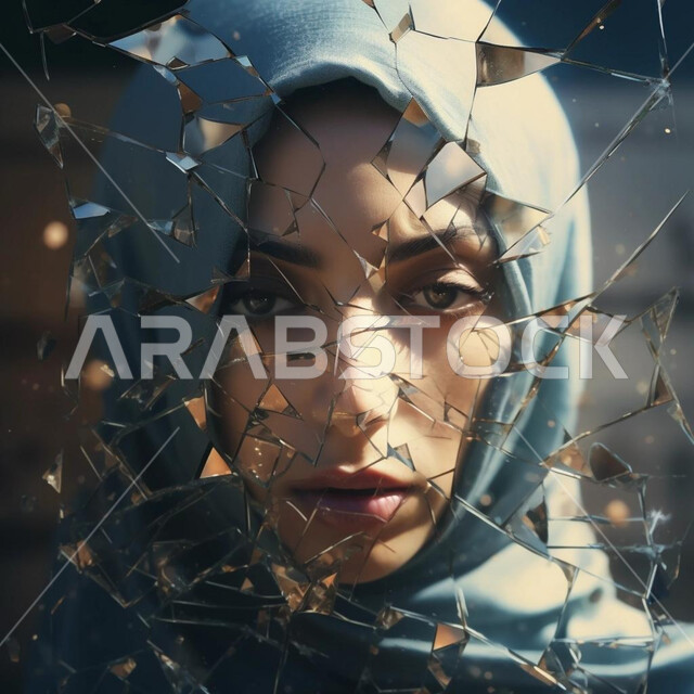 انعكاس صورة وجه امرأة عربية خليجية سعودية محجبة على مرآة مكسرة، تكسر وتفت الزجاج، الاهتمام بالاناقة والمظهر الخارجي، النظر إلى الكاميرا بتعابير الثقة بالنفس