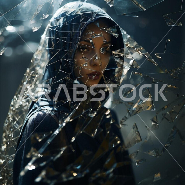 النظر إلى الكاميرا بتعابير الثقة بالنفس، الاهتمام بالاناقة والمظهر الخارجي، انعكاس صورة وجه امرأة عربية خليجية سعودية محجبة على مرآة مكسرة، تكسر وتفت الزجاج