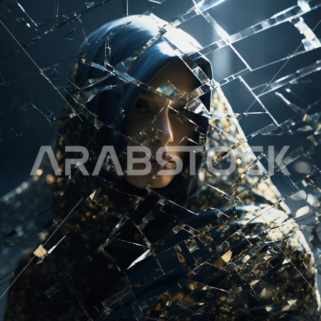 الاهتمام بالاناقة والمظهر الخارجي، انعكاس صورة وجه امرأة عربية خليجية سعودية محجبة على مرآة مكسرة، تكسر وتفت الزجاج، النظر إلى الكاميرا بتعابير الثقة بالنفس