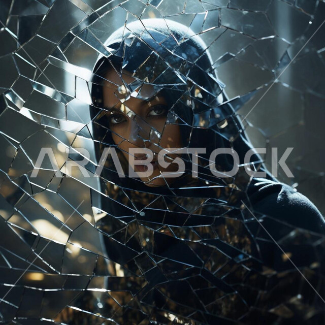 انعكاس صورة وجه امرأة عربية خليجية سعودية محجبة على مرآة مكسرة، تكسر وتفت الزجاج، الاهتمام بالاناقة والمظهر الخارجي، النظر إلى الكاميرا بتعابير الثقة بالنفس