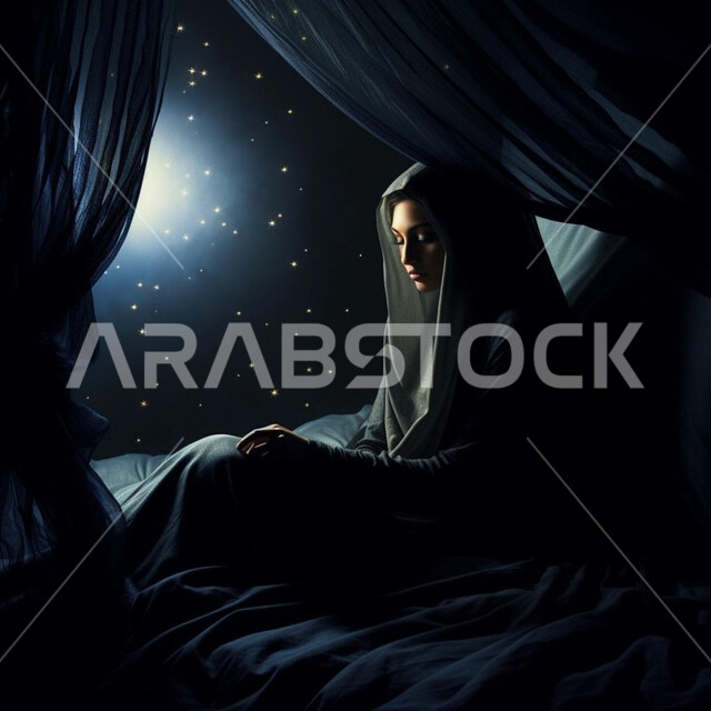 النظر إلى الاسفل بايماءات الخجل والحياء، امرأة عربية خليجية سعودية محجبة ترتدي عباءة سوداء، مفهوم النعومة والانوثة، الاهتمام بالمظهر الخارجي، خلفية السماء المليئة بالنجوم اللامعة