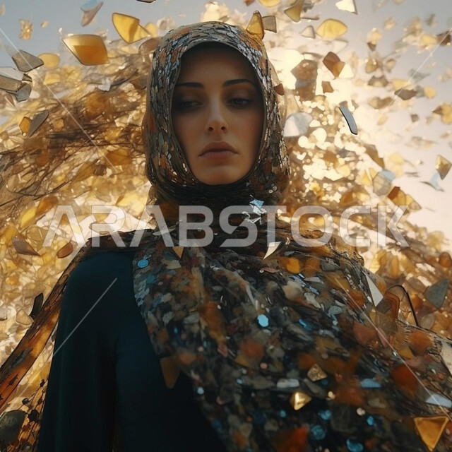 قطع زجاجية متناثرة، مفهوم الأنوثة والنعومة، الأناقة والاهتمام بالمظهر الخارجي، حجابات نسائية عصريه حديثه، صورة مقربة لإمرأة عربية خليجية سعودية محجبة محاطة بمجموعة من الاحجار الماسية