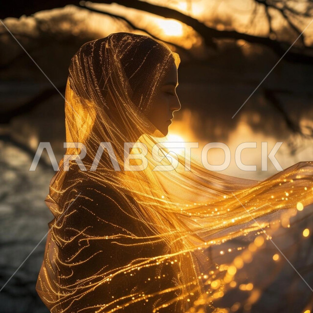 Modern contemporary women's hijabs, elegance and interest in external appearance, the concept of femininity and softness, a close-up image from the side of a Saudi Arabian Gulf woman wearing a bright hijab looking down with gestures of shyness and modesty