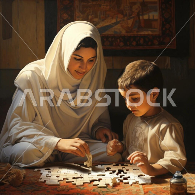 تركيب قطع البازل الصغيرة، تعزيز و تنمية المهارات الفكرية والإبداعية، مفهوم التركيز وحل اللغز، قضاء أوقات مسلية مع الابناء، أم عربية خليجية سعودية محجبة تلعب مع طفلها، الانشطة الترفيهية وتعزيز الروابط الأسرية، الاهتمام والاعتناء بالأولاد