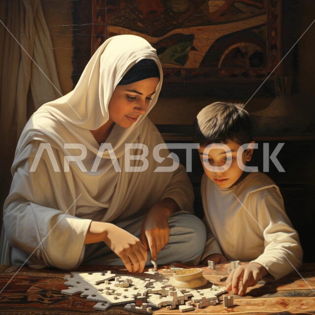 تعزيز و تنمية المهارات الفكرية والإبداعية، تركيب قطع البازل الصغيرة، مفهوم التركيز وحل اللغز، قضاء أوقات مسلية مع الابناء، أم عربية خليجية سعودية محجبة تلعب مع طفلها، الانشطة الترفيهية وتعزيز الروابط الأسرية، الاهتمام والاعتناء بالأولاد