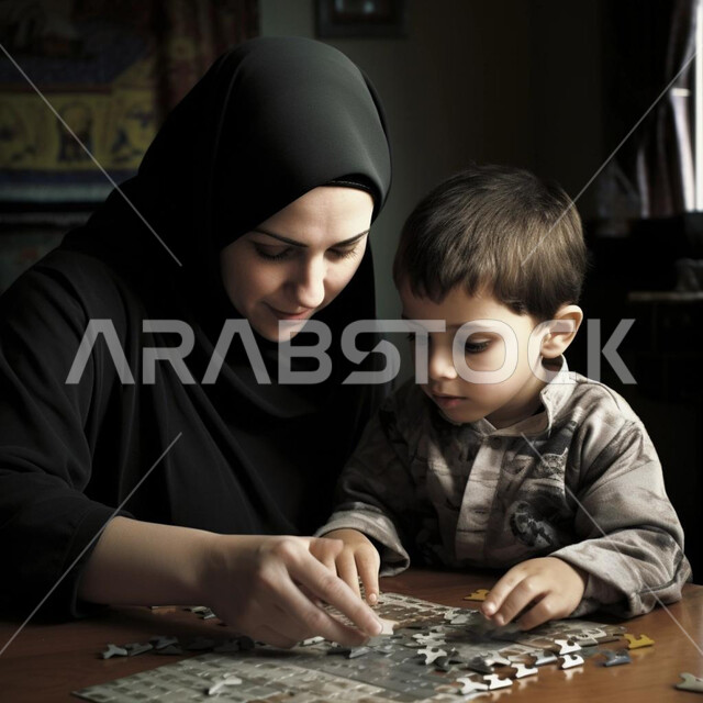 مفهوم التركيز وحل اللغز، تعزيز و تنمية المهارات الفكرية والإبداعية، تركيب قطع البازل الصغيرة، قضاء أوقات مسلية مع الابناء، أم عربية خليجية سعودية محجبة تلعب مع طفلها، الانشطة الترفيهية وتعزيز الروابط الأسرية، الاهتمام والاعتناء بالأولاد
