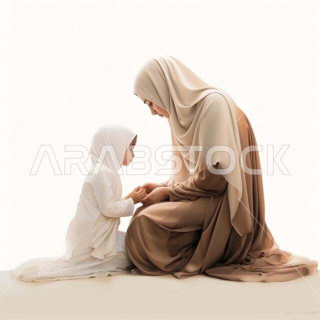 The concept of affection and tenderness among mothers, spending fun times with children, strengthening family ties, portrait of a veiled Saudi Arabian Gulf mother playing with her child, caring for and taking care of children, white background