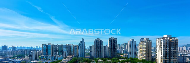 النمو والتقدم العمراني في دولة الإمارات العربية المتحدة، صورة بانورامية لمبنى تجاري في مدينة دبي، الفن الهندسي المعماري للأبراج وناطحات السحاب على الطراز الحديث، مباني تجارية تاريخية حضارية حديثة