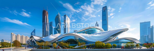 النمو والتقدم العمراني في دولة الإمارات العربية المتحدة، صورة بانورامية لمبنى تجاري في مدينة دبي، الفن الهندسي المعماري للأبراج وناطحات السحاب على الطراز الحديث، مباني تجارية تاريخية حضارية حديثة