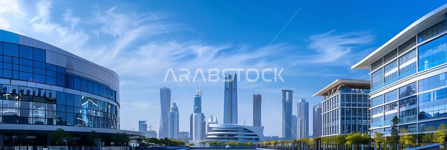 النمو والتقدم العمراني في دولة الإمارات العربية المتحدة، صورة بانورامية لمبنى تجاري في مدينة دبي، الفن الهندسي المعماري للأبراج وناطحات السحاب على الطراز الحديث، مباني تجارية تاريخية حضارية حديثة