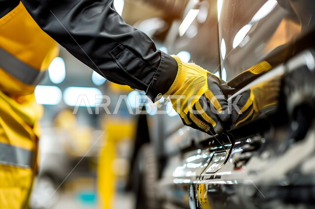 مهندس ميكانيكي محترف، صوره مقربه لعامل صيانه عربي يرتدي البدلة الواقية يقوم بفحص قطع السيارة في الورشة، التشييك وتصليح السيارات في مركز الصيانه, مهن ووظائف سعودية