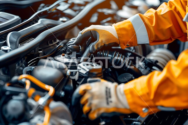 مهندس ميكانيكي محترف، صوره مقربه لعامل صيانه عربي يرتدي البدلة الواقية يقوم بفحص قطع السيارة في الورشة، التشييك وتصليح السيارات في مركز الصيانه, مهن ووظائف سعودية