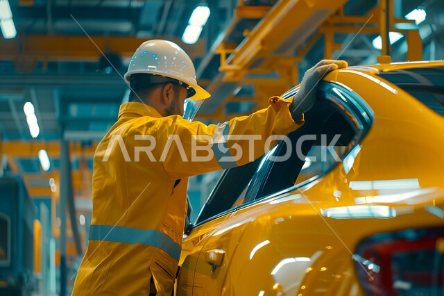 مهندس ميكانيكي محترف، صوره مقربه لعامل صيانه عربي يرتدي البدلة الواقية يقوم بفحص قطع السيارة في الورشة، التشييك وتصليح السيارات في مركز الصيانه, مهن ووظائف سعودية