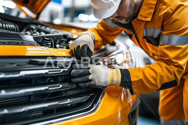 مهندس ميكانيكي محترف، صوره مقربه لعامل صيانه عربي يرتدي البدلة الواقية يقوم بفحص قطع السيارة في الورشة، التشييك وتصليح السيارات في مركز الصيانه, مهن ووظائف سعودية