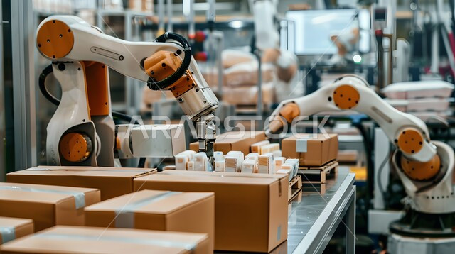 تحسين الانتاج باستخدام الالات والمعدات الذكيه في الصناعات الالكترونيه، تطور التقنيه والتكنولوجيا الحديثه، التحول الرقمي والتقدم التقني, رؤية سعودية مستقبلية 2030، صورة مقربة لأذرع الروبوتات الذكية تتعامل مع الطرود في المصانع