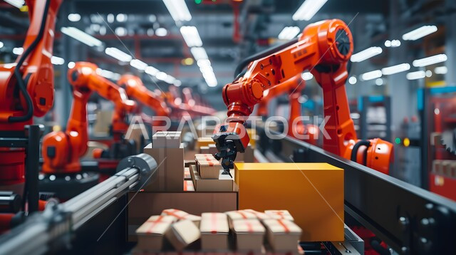 تحسين الانتاج باستخدام الالات والمعدات الذكيه في الصناعات الالكترونيه، تطور التقنيه والتكنولوجيا الحديثه، التحول الرقمي والتقدم التقني, رؤية سعودية مستقبلية 2030، صورة مقربة لأذرع الروبوتات الذكية تتعامل مع الطرود في المصانع
