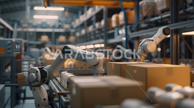 تحسين الانتاج باستخدام الالات والمعدات الذكيه في الصناعات الالكترونيه، تطور التقنيه والتكنولوجيا الحديثه، التحول الرقمي والتقدم التقني, رؤية سعودية مستقبلية 2030، صورة مقربة لأذرع الروبوتات الذكية تتعامل مع الطرود في المصانع