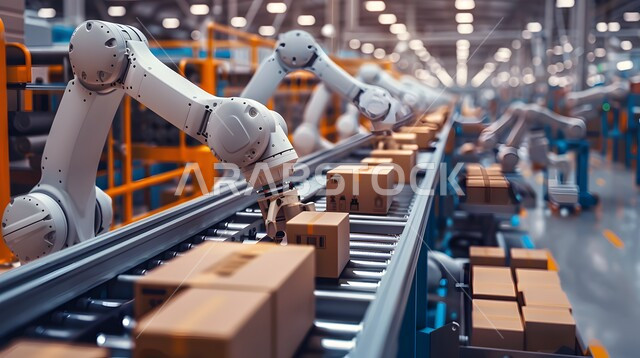Improving production using smart machines and equipment in electronic industries, development of technology and modern technology, digital transformation and technical progress, future Saudi vision 2030, close-up image of smart robot arms handling packages in factories