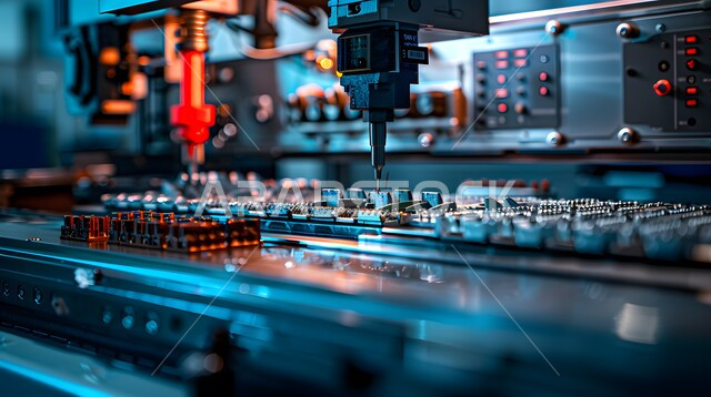 التحول الرقمي والتقدم التقني, تحسين الانتاج باستخدام الالات والمعدات الذكيه في الصناعات الالكترونيه، تطور التقنيه والتكنولوجيا الحديثه، رؤية سعودية مستقبلية 2030، صورة مقربة لأذرع الروبوتات الذكية تتعامل مع القطع الالكترونية في المصانع