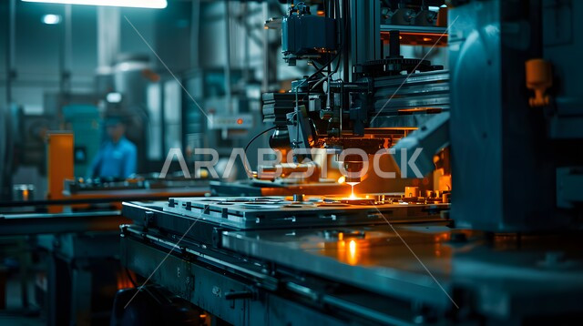 Digital transformation and technical progress, improving production using smart machines and equipment in electronic industries, development of technology and modern technology, future Saudi vision 2030, close-up picture of smart robot arms dealing with electronic parts in factories