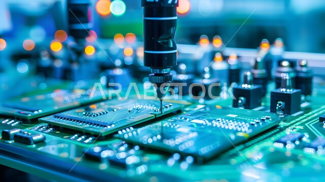 التحول الرقمي والتقدم التقني, تحسين الانتاج باستخدام الالات والمعدات الذكيه في الصناعات الالكترونيه، تطور التقنيه والتكنولوجيا الحديثه، رؤية سعودية مستقبلية 2030، صورة مقربة لأذرع الروبوتات الذكية تتعامل مع القطع الالكترونية في المصانع