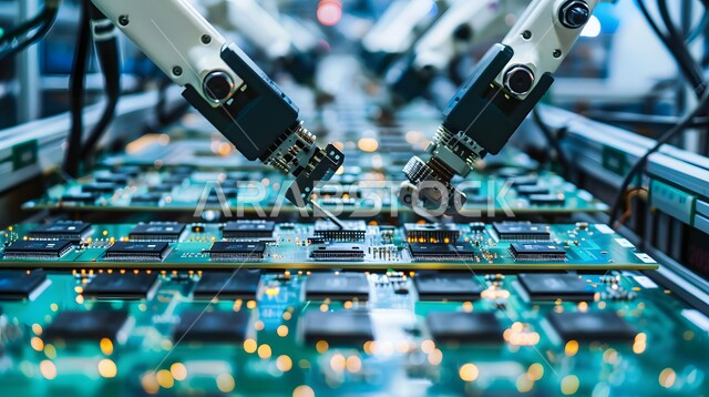 Digital transformation and technical progress, improving production using smart machines and equipment in electronic industries, development of technology and modern technology, future Saudi vision 2030, close-up picture of smart robot arms dealing with electronic parts in factories